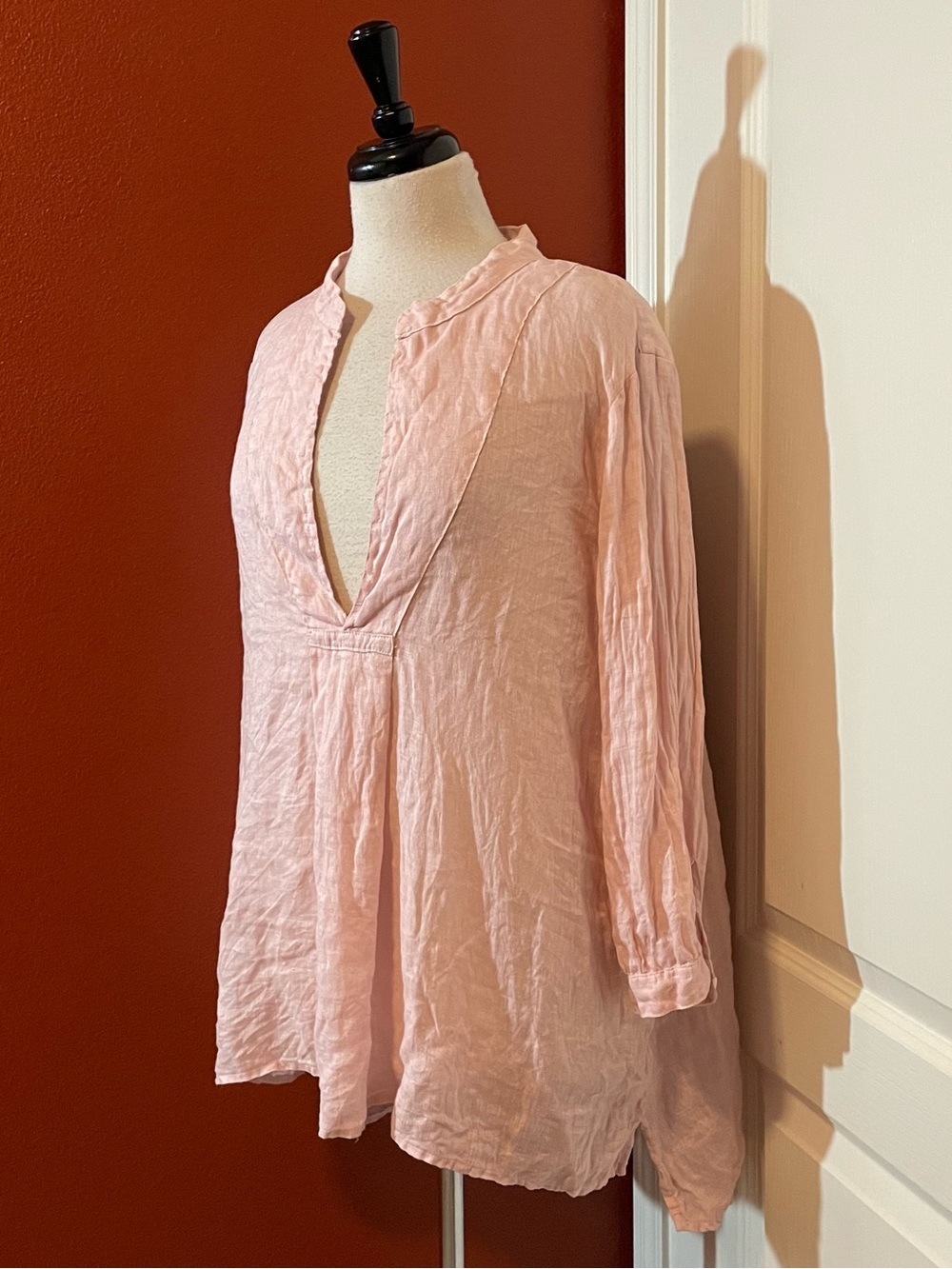 CP Shades Women’s Pink 100% Linen Lagenlook Hi Low Long Sleeve Tunic Top
